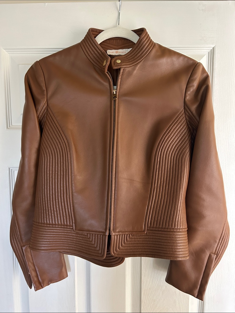 Tory Burch Chestnut Quilted-Panel Leather Jacket